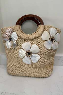 Woven Straw Tote Bag with Large Mother of Pearl Shell Flowers and Wooden Handles